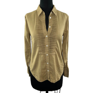 J Crew Tuxedo Plaid Front Pleated Button Down Shirt Blouse Mustard Brown 0 XS